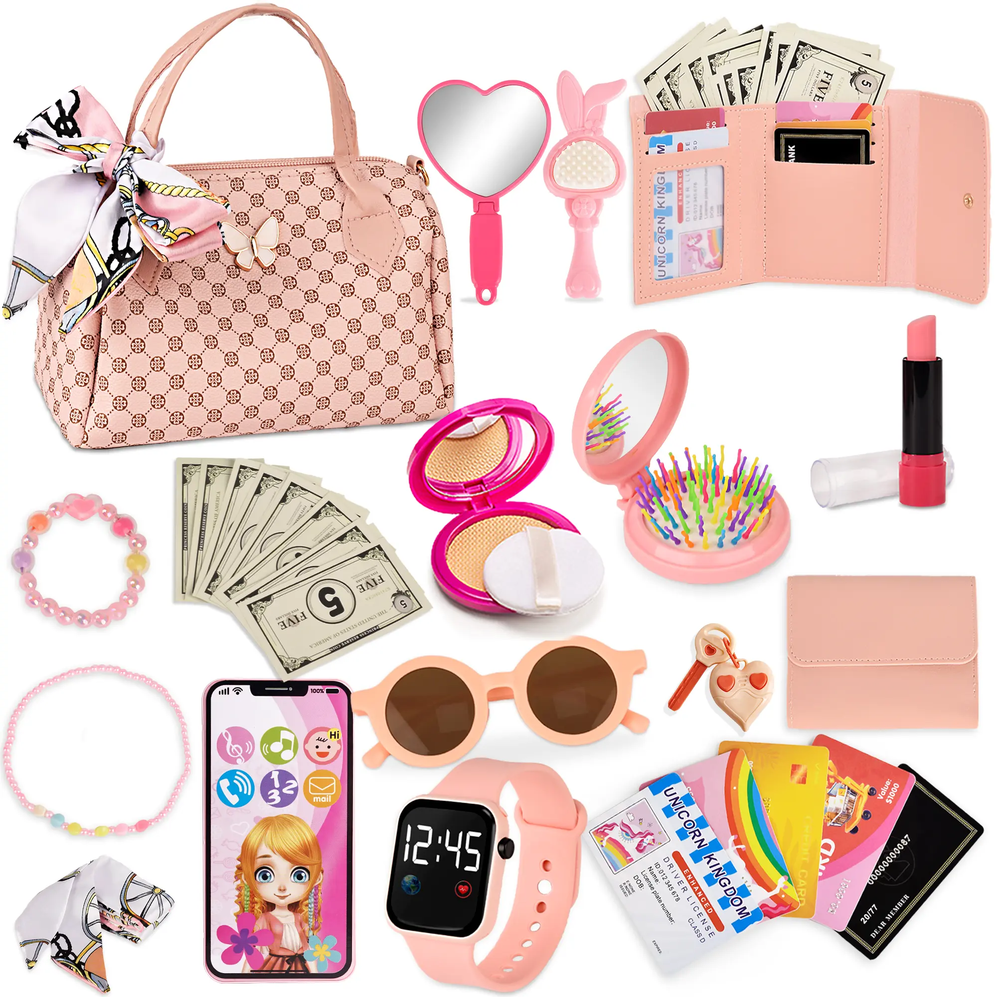 Princess Pretend Play Playset for Girls - BPA-Free Stylish Fake Cosmetics Kit with Handbag, Phone, Wallet, Roleplay Accessories, Kids Toys for 3+ Years, Perfect Gift for Young Girls That Encourages Imaginative Play