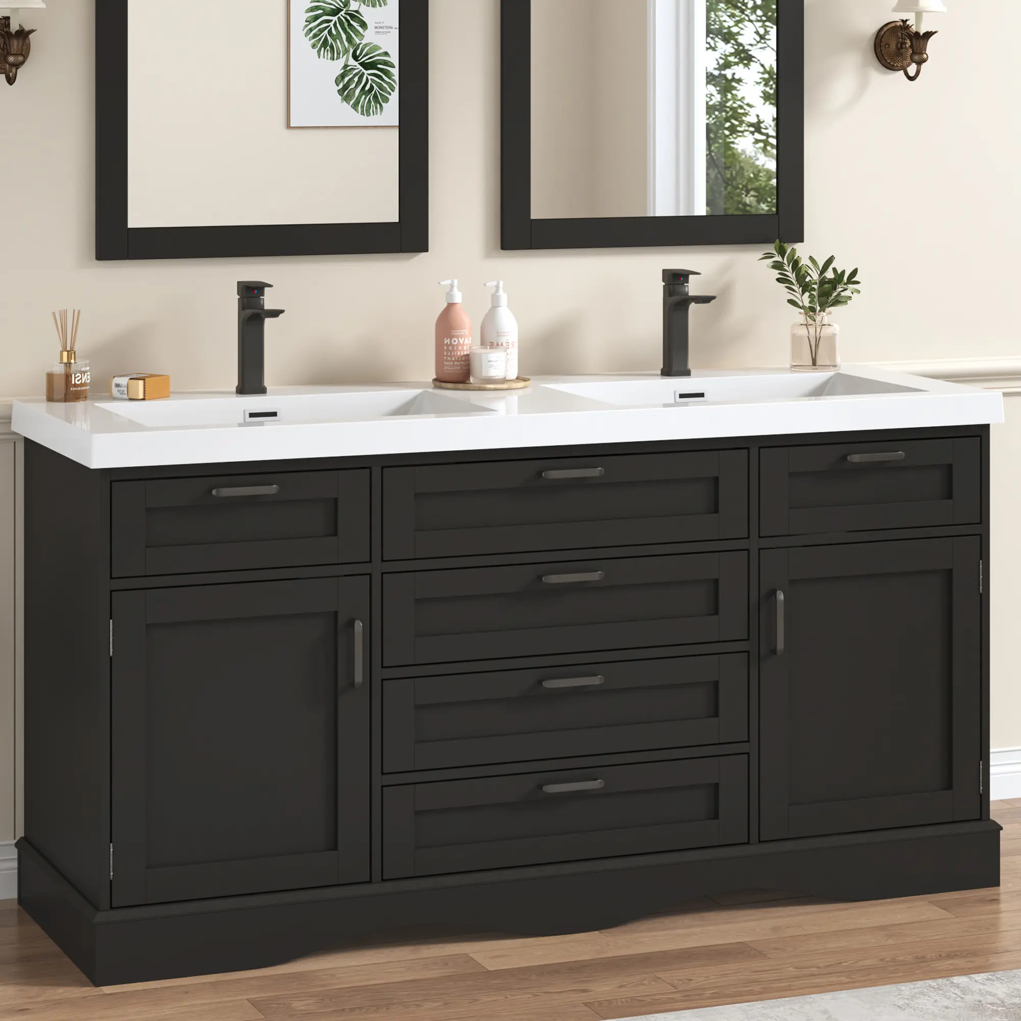 59" Durable Minimalist Freestanding Bathroom Vanity - Engineered Wood Cabinet, Magnetic Doors, 3 Drawers, Flip-Top Compartments, Undermount Sinks for Bathroom Organization, Magnetic Cabinet Doors