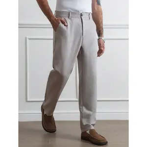 Men's Light Grey Casual Pants, Classic Fit Flat Front Chino Trousers with Belt Loops, Comfortable Stretch Fabric, Versatile Smart Casual Outfits for Work or Weekend, Summer Office Wear, Lightweight  Blend Material