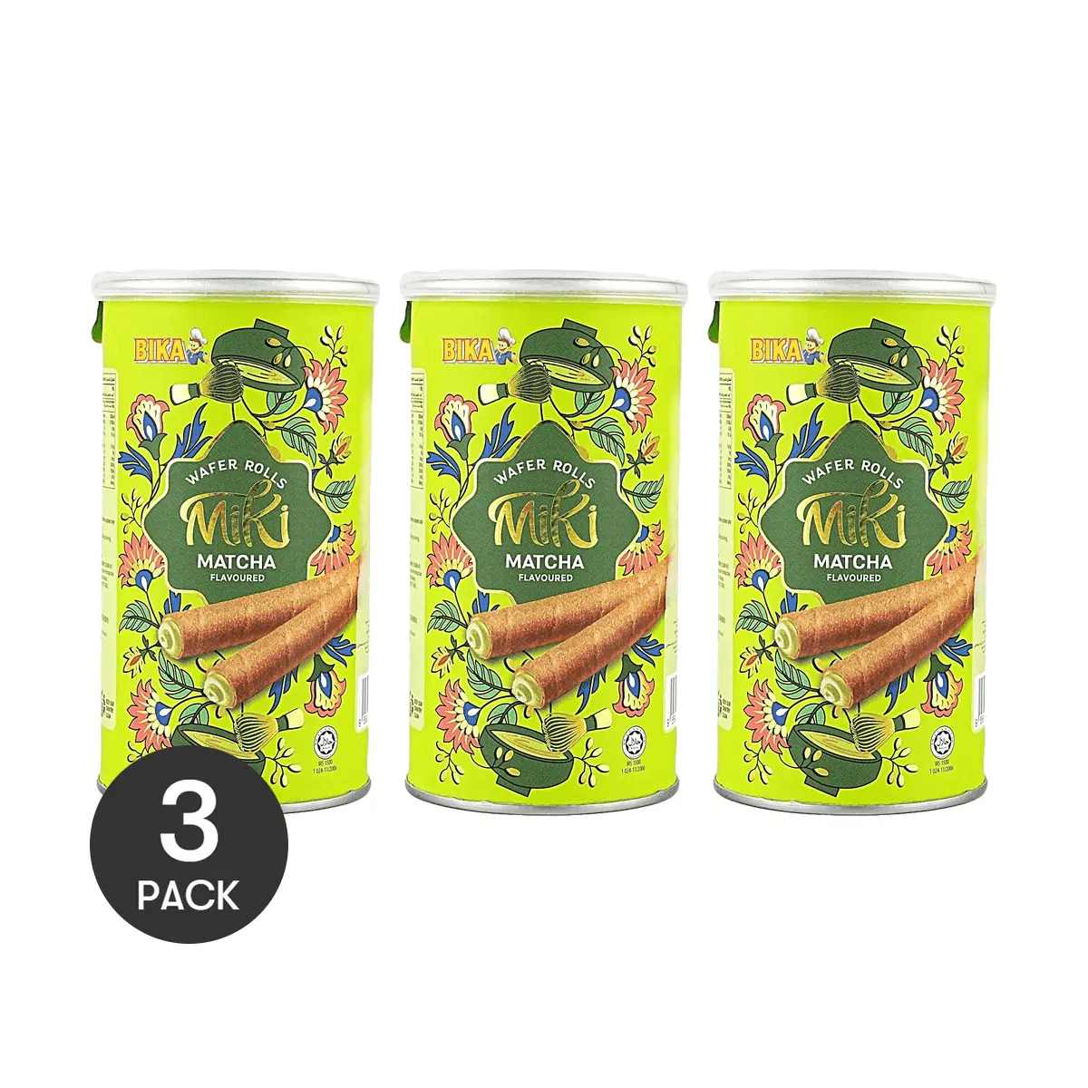 3 Pack BIKA Malaysian Matcha Cream Wafer Rolls 3.17 oz Each - Crispy Tea Flavor Snack