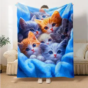 Cute Cat Lover Flannel Blanket, High-Definition Blue-Eyed Kitten Print Plush Blanket, Ultra-Warm Cozy Fleece Blanket for Couch Travel, Ideal Gift for Cat Enthusiasts, All-Season Use