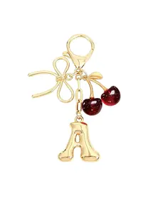 Bubble Initial Design Keychain with Bow Detailing & Cherry - Gold Letter Bag Charms for Women, Cute Purse Handbag Accessories