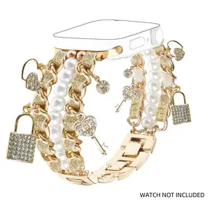 Fashion Pearl Beaded Watch Band, Stylish metallic Cuban Chain with Shiny Lock Key Charms Pendants for iWatch Series 10 9 8 7 6 5 4 3 SE Ultra 2, Wearable, Smart Watch Accessories, Watch Straps, Smartwatch Strap
