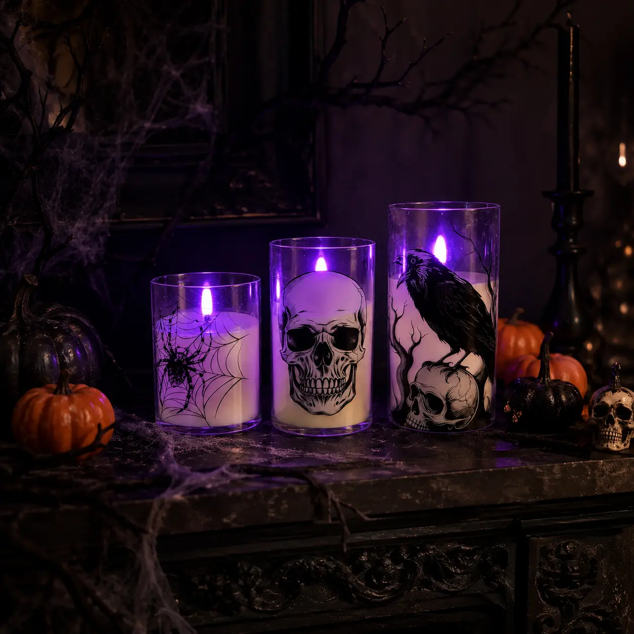 Halloween-Themed 3-Piece LED Candle Lights, Smoke-Free Flame, Battery-Powered, Festive Home Decor for Living Rooms, Bedrooms, Halloween Party Supplies