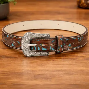 Classic western feather belt with oversized buckle, unisex cowboy fashion accessory.