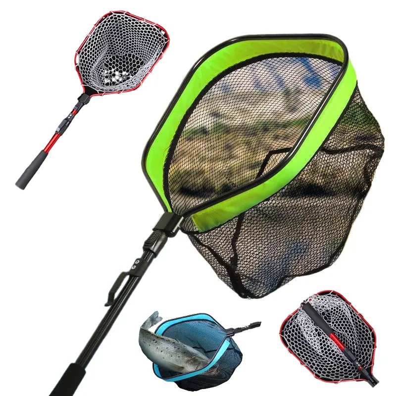 Foldable retractable fish net fishing net rubber coated net suitable for freshwater saltwater with soft EVA foam handle