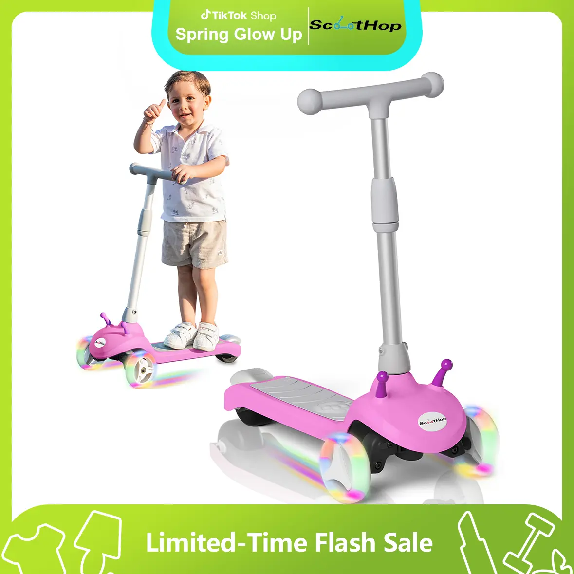 ScootHop K3 Electric Scooter for Kids Ages 3-8 with LED Light-Up Wheels 3 Adjustable Heights C-Shaped Handle Lean-to Steer Design Gift for Boys and Girls New Upgraded Lithium Battery 5-8 Miles Range Safety TikTokShopSpring Glow Up