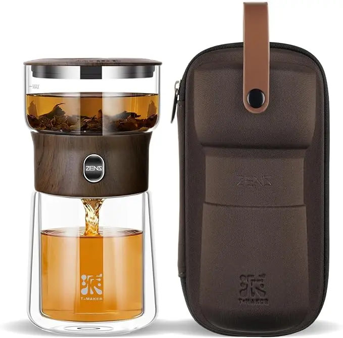 ZENS Modern Borosilicate Glass Tea infuser with One Touch for Loose Leaf Tea Insulated Mug Portable Tea Kit for Office Travel Ideal Gift for Tea Lovers Wooden Idea teavanagirl Coffee Strainer Coffee Filter Teacup