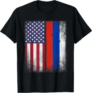100%cotton Russian American Flag T-shirt Russia Usa America Gift T-Shirt
