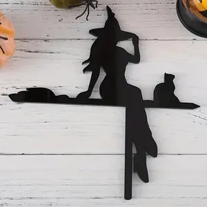 Halloween Cat Broomstick Sign Decor, Halloween Theme Acrylic Frame Corner Decoration, Wall Sculpture for Living Room Bedroom Indoor Outdoor Use Acrylic Wall Art