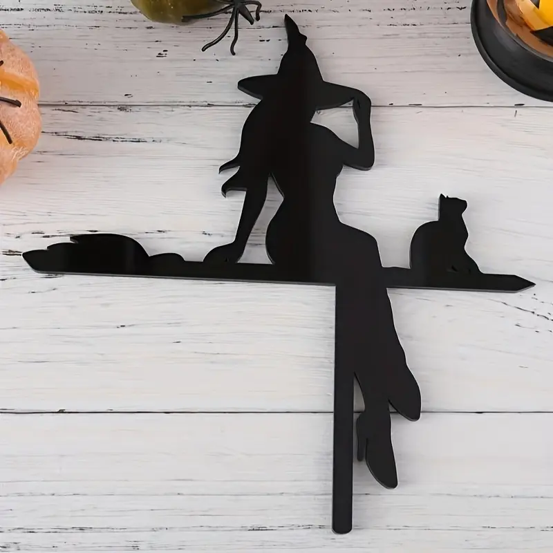 Halloween Cat Broomstick Sign Decor, Festive Touch Halloween Theme Artistic Acrylic Frame Corner Decoration, Wall Sculpture for Living Room Bedroom Indoor Outdoor Use Acrylic Wall Art