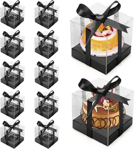 12 Pack Clear Plastic Cupcake Boxes, 3.5 Inch Gold Single Cupcake Containers Disposable Individual Cup Cake Carrier Holder Boxes with Inserts and Ribbon
