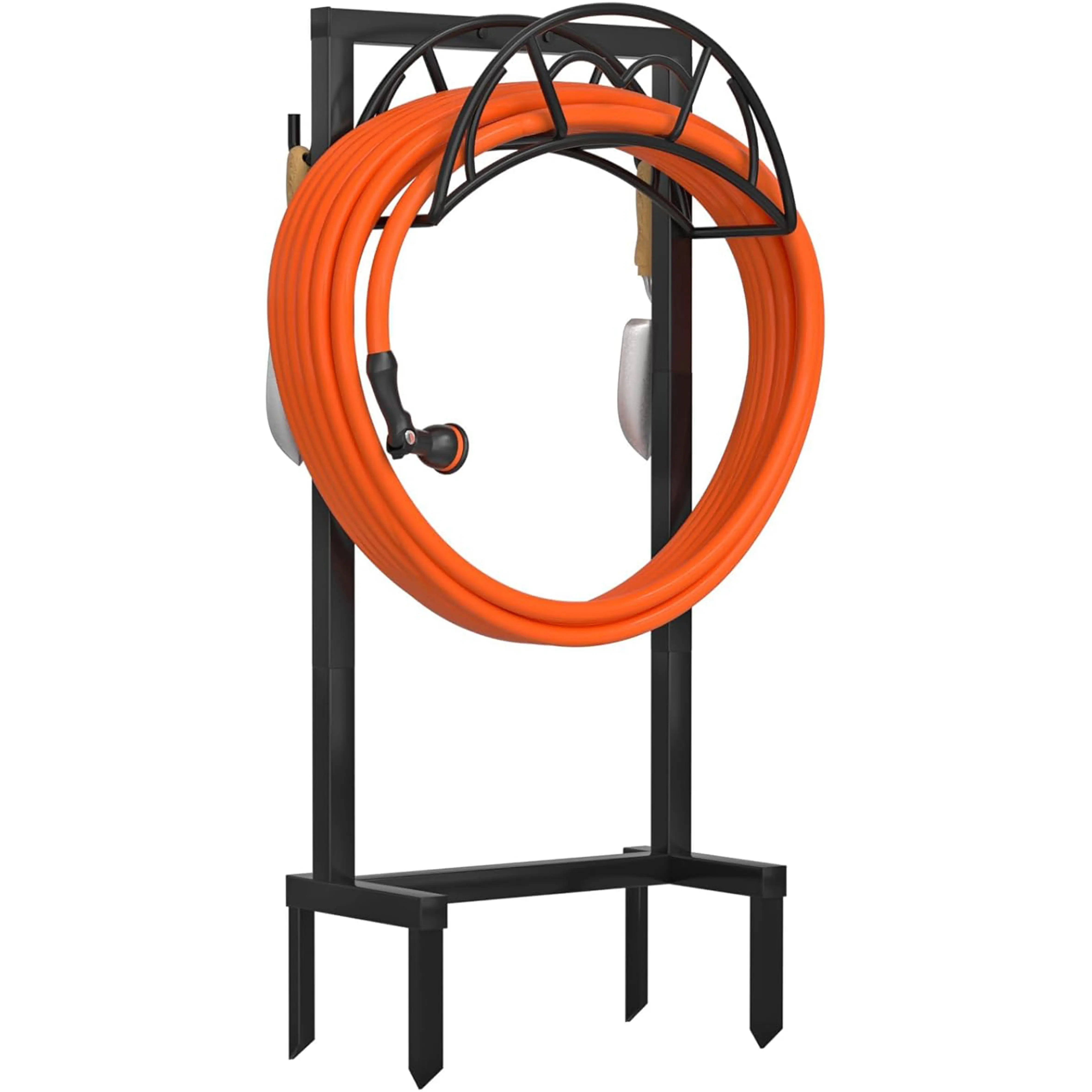 Garden Hose Holder, Freestanding Heavy Duty Water Hose Holder for Outside, Upgraded Metal Hose Stand with 4 Spikes, Detachable Garden Hose Storage Hose Reel Rack, Black