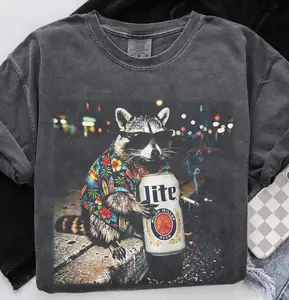 Comfort Colors Raccoon Smoking Beer Shirt, Funny Animal Meme Graphic Tee, Vintage 90s Graphic Streetwear T-Shirt