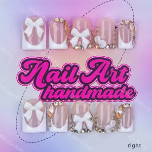 Delicatething Y2K Style Duckbill Nail Set, Handmade Press On Wearable Nails, 4 Sizes XS S M L, Bow Design, Perfect Gift for Girls, Handmade Reusable Nails, Press On Sets