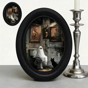 Gothic 3D Cat Toilet Decor, Victorian Bathroom Decoration, Bathroom Wall Art, PVC Oval Wall Ornament with Border, Halloween Christmas Thanksgiving Home Office Horror Decor