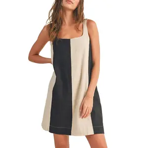 MaLinfandor Womens Sleeveless Cotton Dress Summer Fall Color Block Mini Dress Casual Short Adjustable Straps Beach Tank Dress