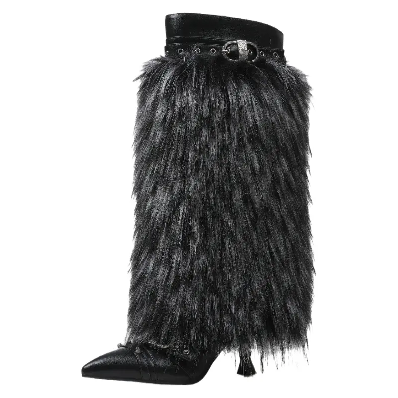 Women's Faux Fur Pointed Toe Boots Kitten Heel Knee High Snow Boots Fashionable Fold Over Boots 2 Inch Heel Tactical Walking Shoes - Furboots