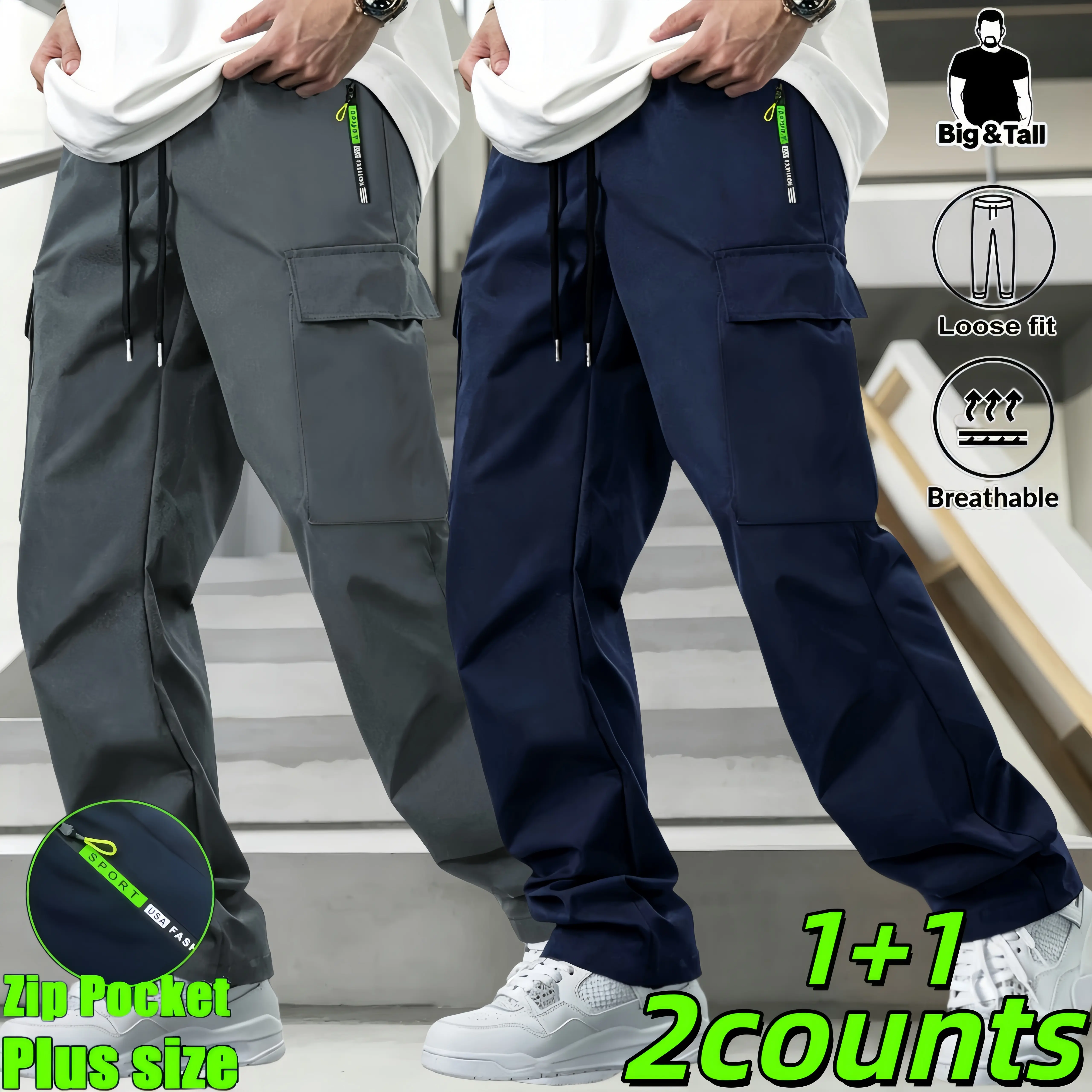 Men's Big & Tall Loose Cargo Pants, Elastic Drawstring Waist Multi-Pocket Plus Size Trousers, Breathable Casual Streetwear, Hiking Gym Outdoor Tactical Pants with Deep Phone Pockets, Extended Inseam Big Bigs Relaxed Fit Daily Wear Sweat Trousers