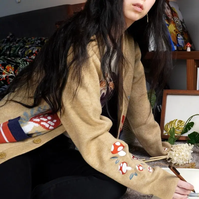 Agaric Garden Knitted and Embroidered Cardigan - Beige Cottagecore and Mushroomcore Original Design with Unisex Sizing and Double Pockets