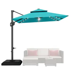 Garvee 10x10 ft Double Roof Cantilever Patio Umbrella with Solar LED Lights & Weighted Cross Base, Heavy Duty 2-Tier Square Sun Shade Umbrella 360° Rotation, Easy Tilt for Backyard, Deck, Pool, Garden,Turquoise