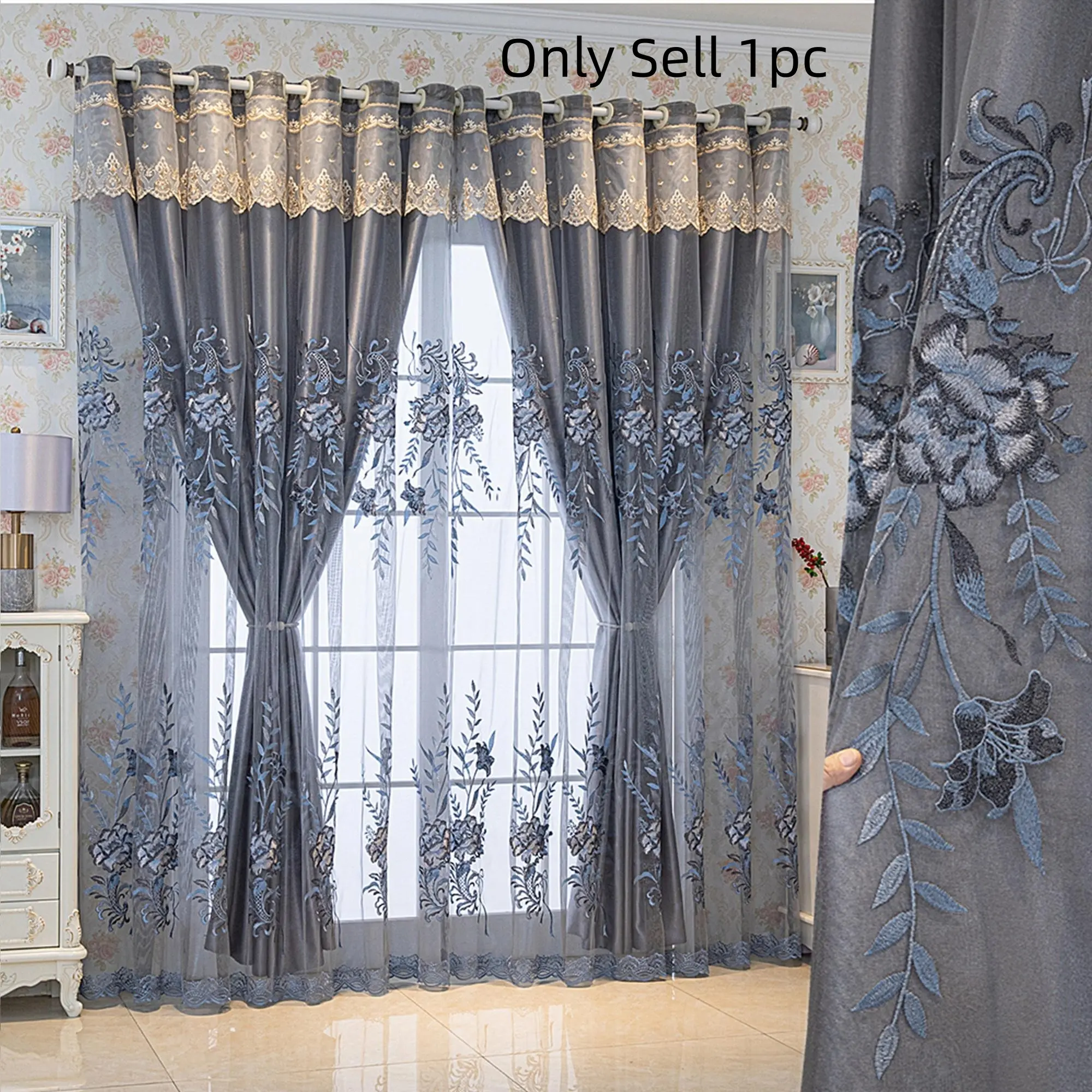 American Style Embroidered Blackout Curtains Bedroom Window Curtain, Modern Minimalist Double Layer Design, Thermal Insulated Heat Insulation Sun Protection, Home Decorative Curtain