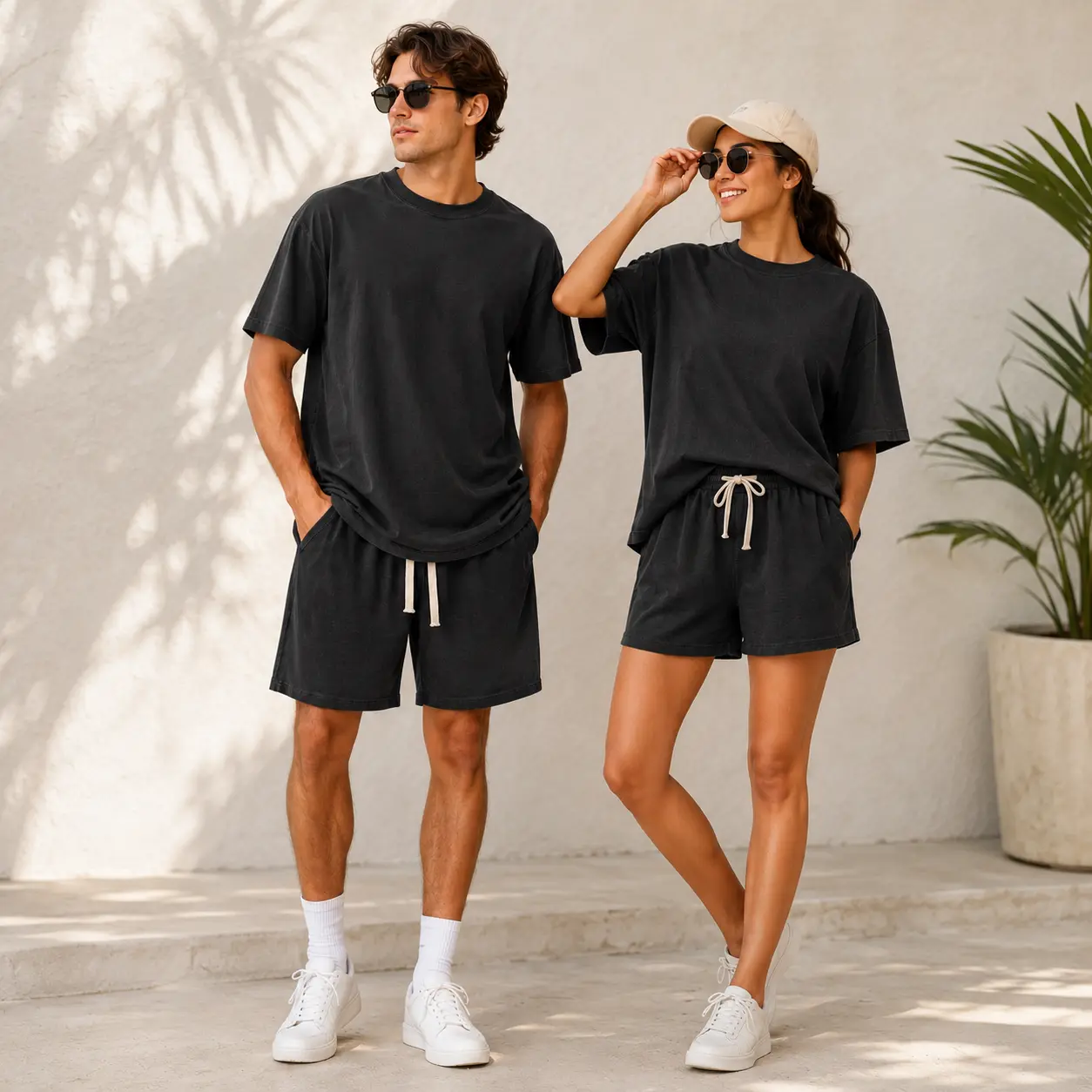 ZITY Men’s 2-Piece Casual Breathable Heavyweight Pure Cotton Vintage-Washed Oversized Unisex Top & Shorts Set, Tropical-Inspired Menswear Clothing