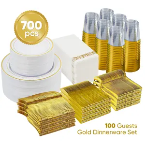 Kerilyn 350/700 Pieces Gold Dinnerware Set - 100 Guests Clear Disposable Dinnerware Set for Party, Wedding, Include: 200 Clear Plates with Gold Trim, 100 Cups, 100 Napkins, 100 Plastic Silverware Sets