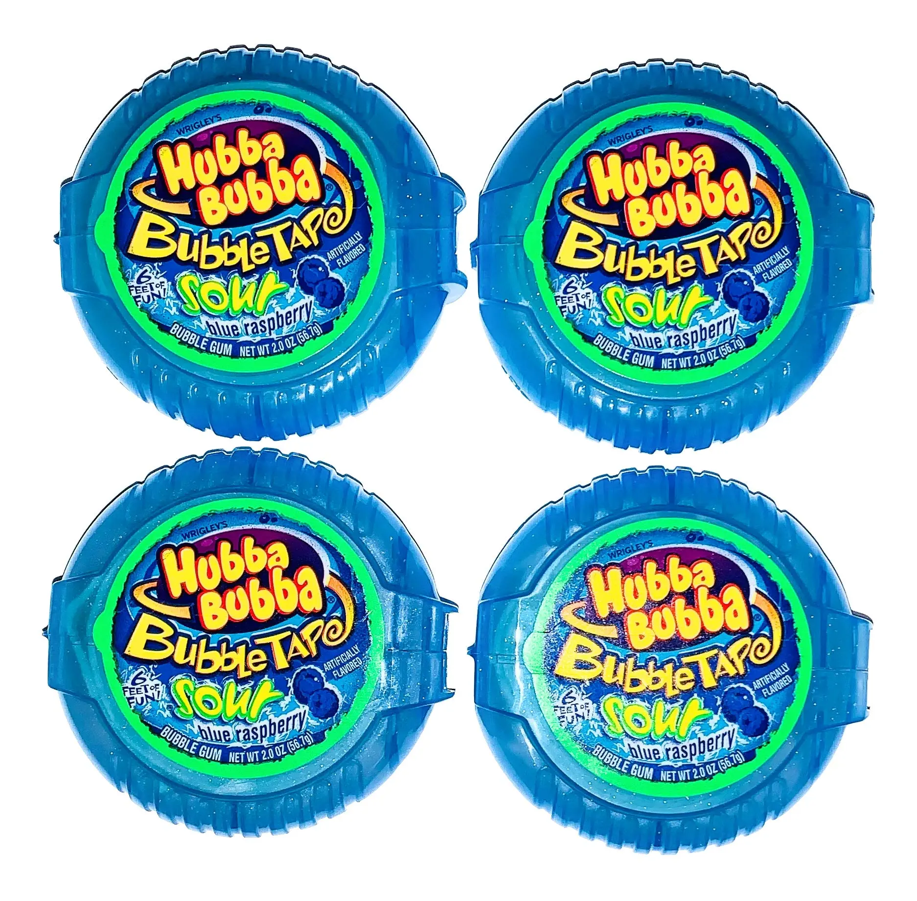 Hubba Bubba Bubble Tape Sour Blue Raspberry Fruity Chewing Gum Snack, Unrollable Tape, 6 ft of Fun, 4 Containers, Perfect for Road Trips, 6 Feet Of Fun