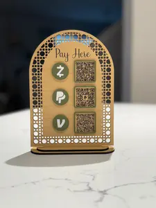 Pay here 3 QR Code Business Social Media Sign, wood, acrylic 7 x 5 inches with base