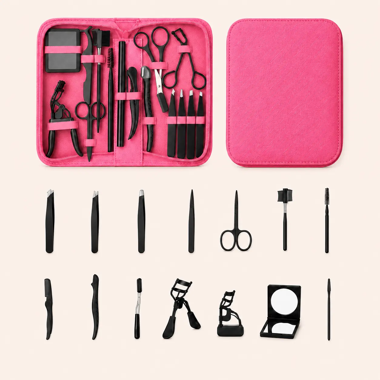 14-Piece Eyebrow Grooming Kit for Women, Black Stainless Steel Precision Makeup Tool Set for Brow & Lash Styling with Pink Travel Case, Black Tools, Cosmetic Makeup Tool