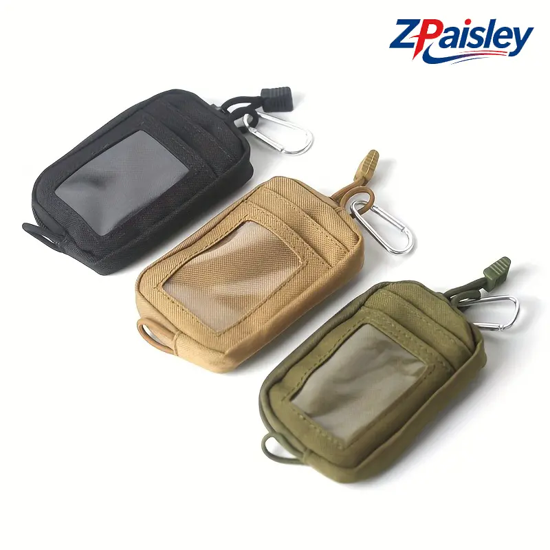 1Pc Tactical EDC Pouch with Clear Window & Carabiner, Mini Molle Belt Wallet Pouch with Multi Compartments, Durable Nylon Small Utility Card Key Coin Holder for Outdoor Hiking Daily Carry Men Women