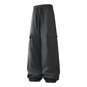 Men's Black Cargo Parachute Pants: Drawstring Waist Multi-Pocket Wide-Leg Cuffed Casual Pants