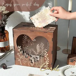 Brown Wedding Card Box for Reception with Heart Acrylic Window, Wooden Gift Card Box for Wedding with Flower Pattern, Vintage Card Box for Graduation Birthday Party Anniversary Baby Shower