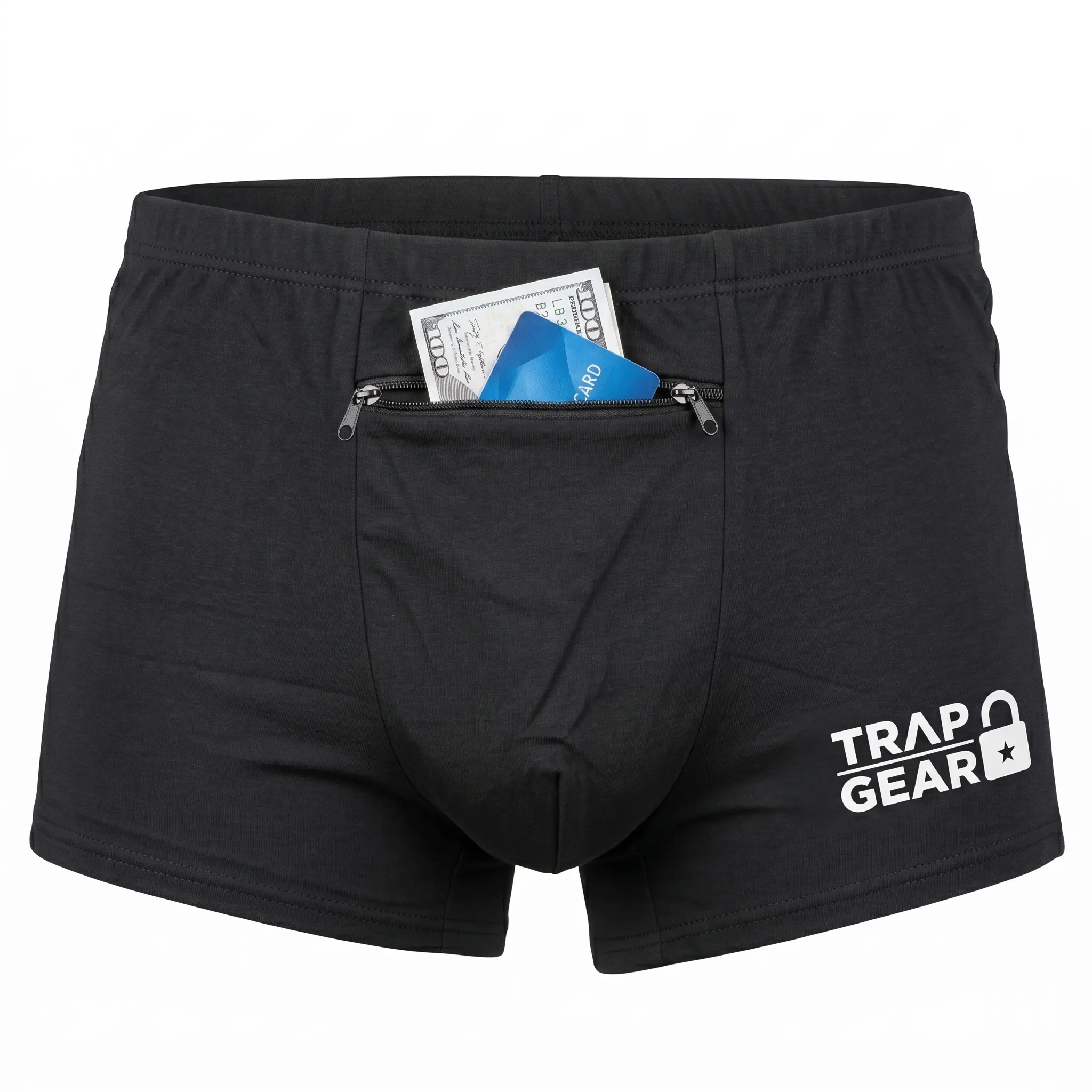 Men's Discreet & Non-Descript Mid Waist Anti-Theft Body Slimming Stash Boxer Briefs - Hidden Pocket, Trap Gear Design for Travel, Athletic Black (Boxers/Trunks)