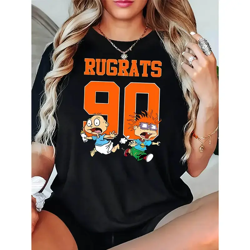 Women's Round-Neck Shortsleeve Graphic Tee - Fun Cartoon Print Rugrats Art, Black Casual Streetwear, Comfortable All-Season Sports Top (Graphic Tees Women)