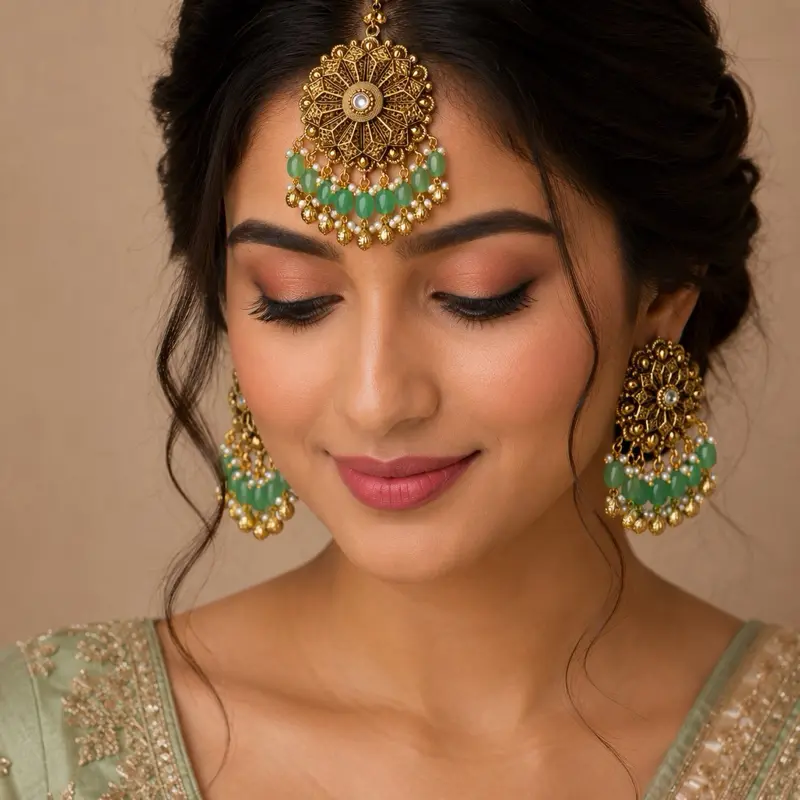 Antique Gold Maang Tikka and Earrings Set | Traditional Indian Bridal Jewelry