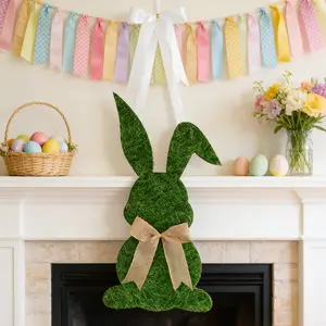 Easter Faux Turf Bunny Wall Decor - Burlap Bow Hanging Rabbit Ornament, Spring Home Easter Door/Wall Decoration & Gift