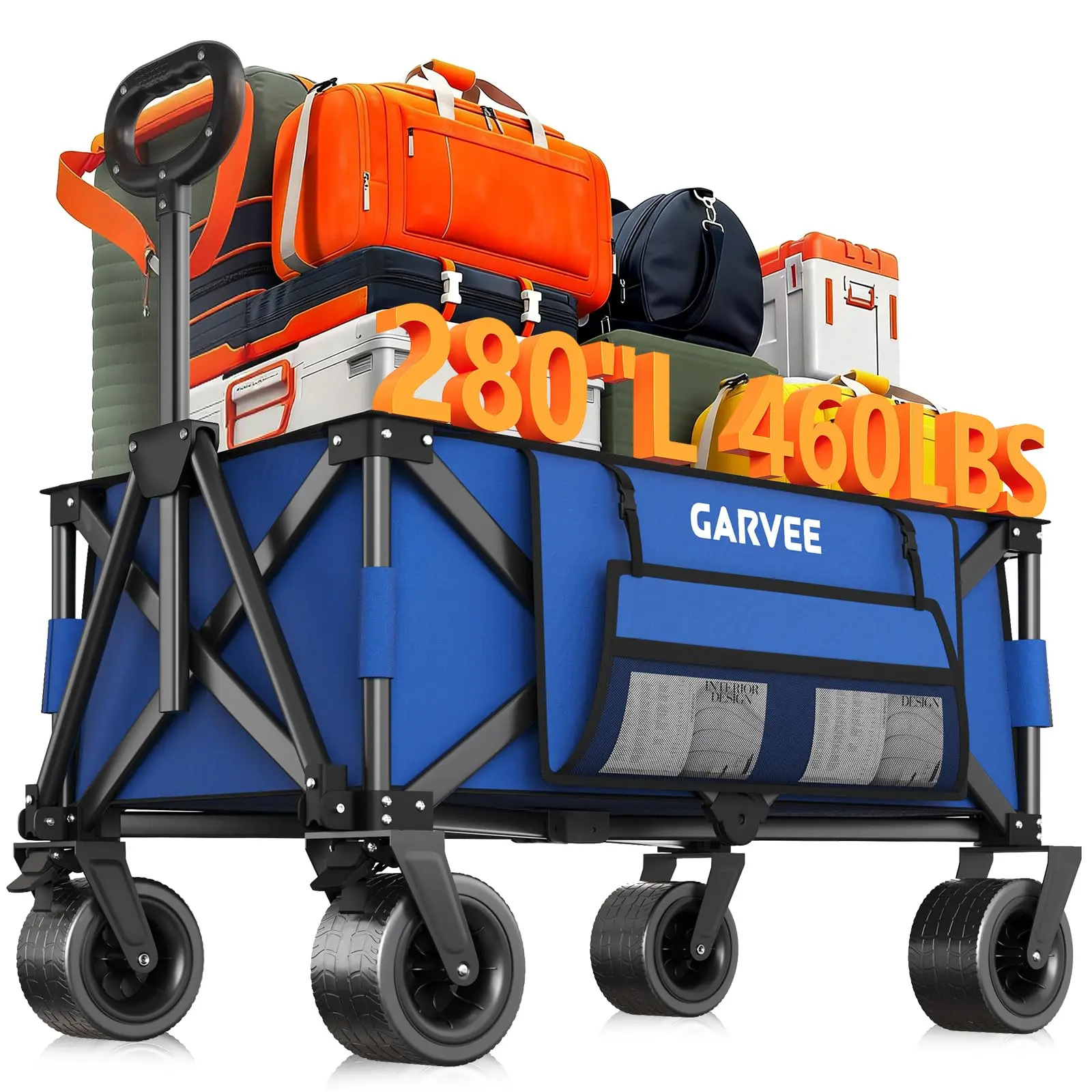 Wagon Carts Foldable, 460LBS Weight Capacity 280L Collapsible Wagon with All-Terrain Wheels, Drink Holders, Storage Cover&Elastic Rope, Utility Carts for Groceries, Shopping, Camping, Sports