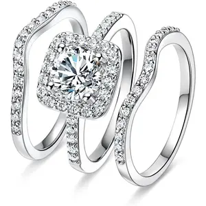 Yeelery Convertible Three-in-One Halo Ring – 18K White Gold Plated CZ Engagement Set for Him & Her