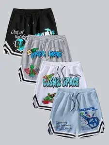 Men's 4-piece color blocked sports shorts, Athleisure shorts, with irregular graffiti printed. Loose and breathable, with elastic drawstring at the waist. Streetwear for daily commuting and summer. Sports and leisure underwear