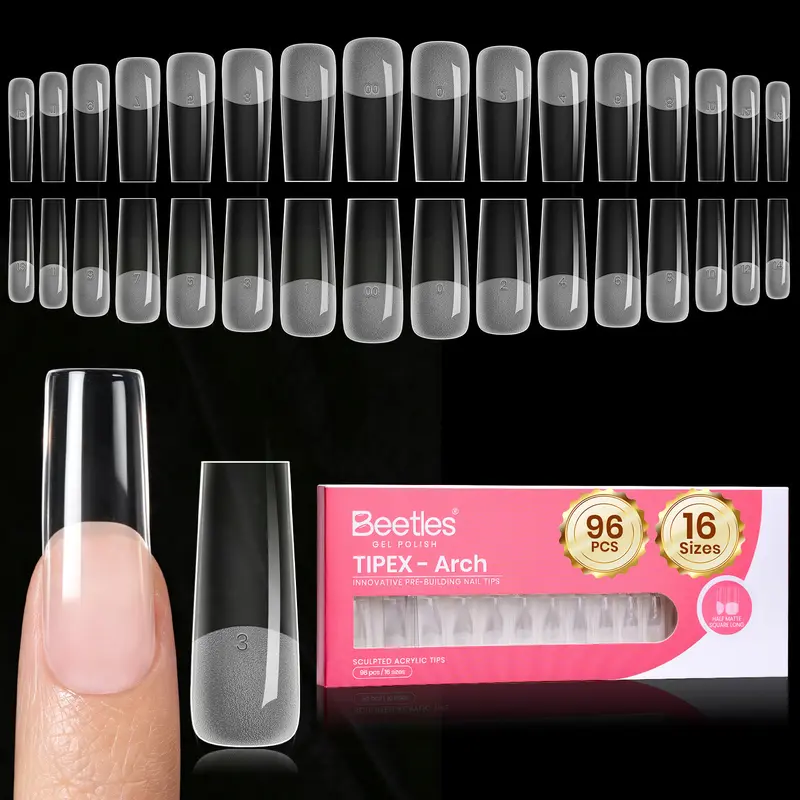 [New Arrival]Beetles Tipex Arch Apex Nail Tips, 96/192PCS Pre-Built Sculpted Acrylic Tips, 16 Sizes for Flat & Natural Nail Beds, Square, Almond, Coffin, Stiletto, Oval & Coffin Square