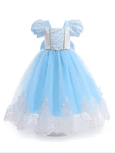 Sky Blue Embroidered Cartoon Cosplay Costume Fancy Carnival Party Holiday Bow Kids Clothes Princess Girls Long Ball Gown Children Cocktail Dress for all Season 3 to 10 Years
