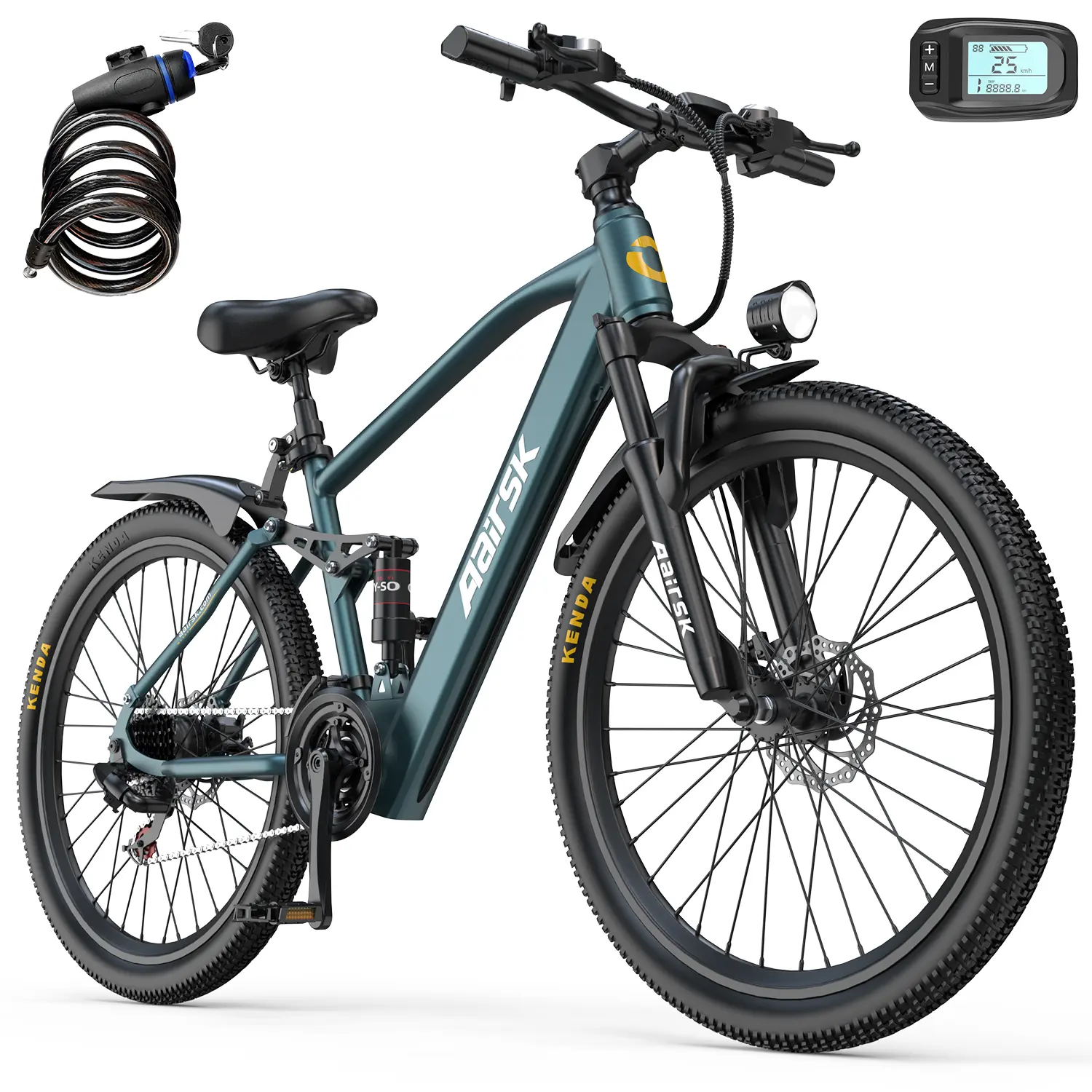Aairsk GT900 Adult Mountain E-Bike - Peak 748W Power, 36V 13Ah, 21 Speeds, 40-mi Max Range, Dual Suspension, Dual Disc Brakes, Removable Tires, LED Lights, Display, NPC Unlocking, Adult Frame for E-Bike Cycling & Mountain Rides