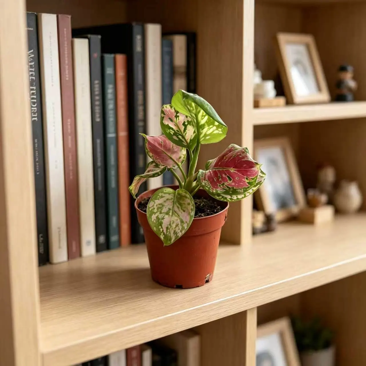 LZ11 / 4 Inch Potted Pink Chinese Evergreen Live Houseplant (Red Chinese Evergreen), Glossy Green Leaves Blended With Soft Pink-Red Marbling, Tough Low-Light Tropical Decor Plant For Desktops, Small Shelves And Compact Indoor Living Spaces