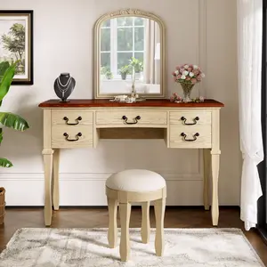 46" Vanity Desk with Curved Flower Frame Mirror, Wooden Dressing Table Set for Bedroom with Antique Handles & 5 Drawers, Girls Vanity Set with Cushioned Stool (Brown + Antique White)