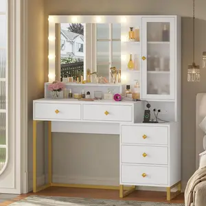 SIKAIC Large Makeup Vanity with Lights Charging Station Mirror 5 Drawers and Storage Shelves