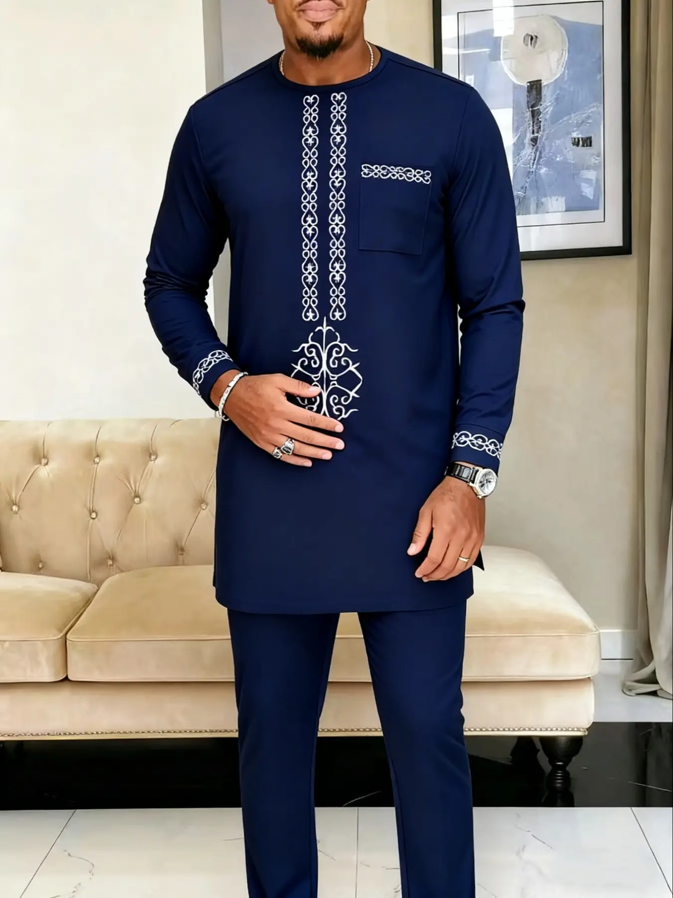 Men's Muslim Islamic Modern Modesty Style Kaftan Set, Round Neck Long Sleeve Embroidery Design, Casual African Clothing for Weddings Festivals Business Fasting Gifts Clothes