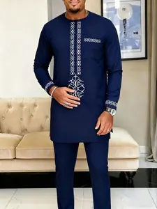 Men's Muslim Islamic Modern Modesty Style Kaftan Set, Round Neck Long Sleeve Embroidery Design, Casual African Clothing for Weddings Festivals Business Fasting Gifts