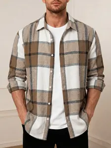 Men's Plaid Checked Flannel Button-Up Shirt, Long Sleeve, Soft Comfortable, Casual Loose Fit, Casual Stylish, All Seasons, Full Set Clothing, Casual Comfy Shirt